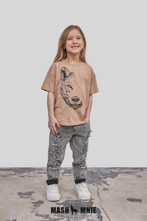 T-shirt dziewczęcy beżowy WOLF MashMnie