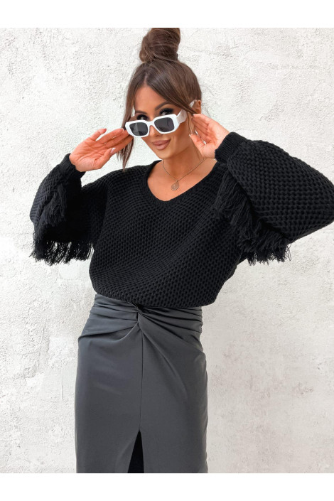 Sweter damski oversize w serek frędzle czarny BOCCA