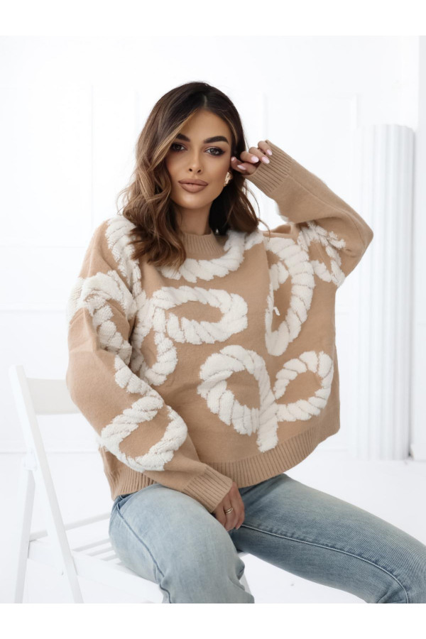 Sweter półgolf damski oversize wzorek beżowy