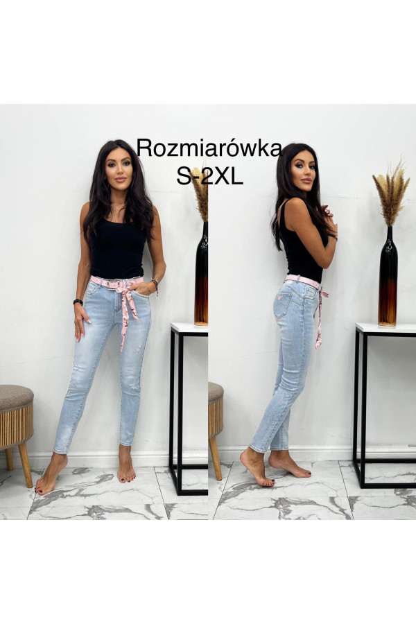 Spodnie damskie z paskiem z miękkiego jeansu PUSH UP niebieskie