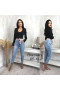 2Spodnie damskie z miękkiego jeansu z paskiem PUSH UP niebieskie z paskiem