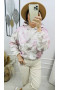 2Bluza damska z kapturem oversize w kwiaty ecru