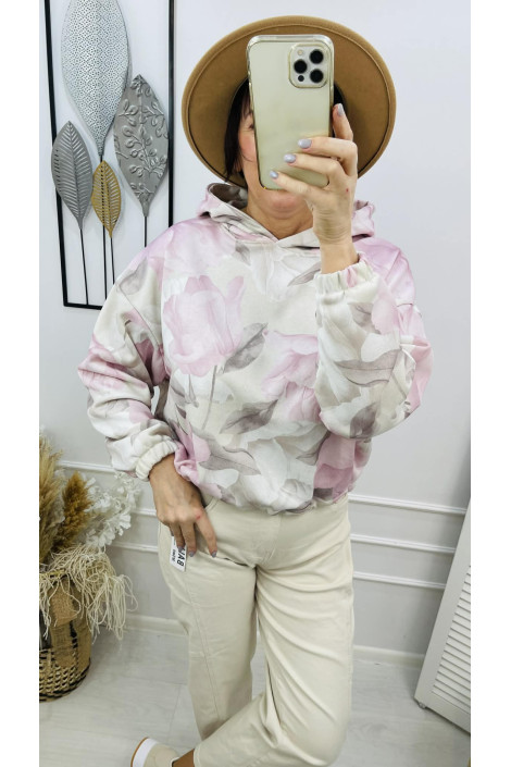 Bluza damska z kapturem oversize w kwiaty ecru