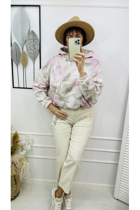 Bluza damska z kapturem oversize w kwiaty ecru