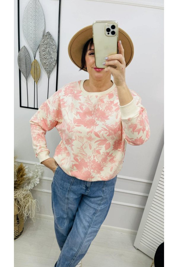 Bluza damska bawełniana oversize w różowe liście