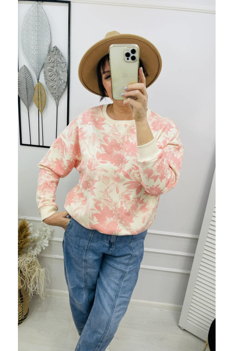 Bluza damska bawełniana oversize w różowe liście