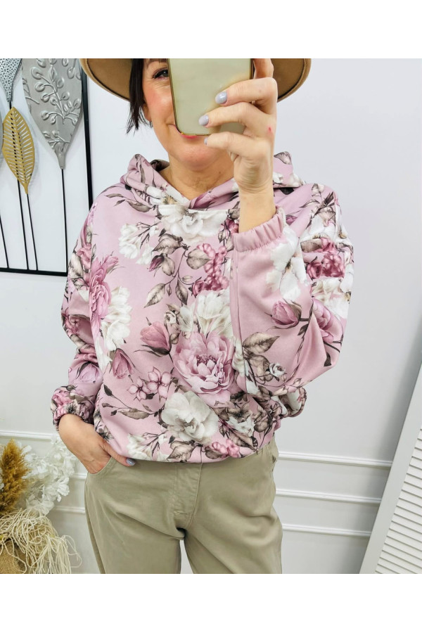 Bluza damska z kapturem oversize w kwiaty fioletowa