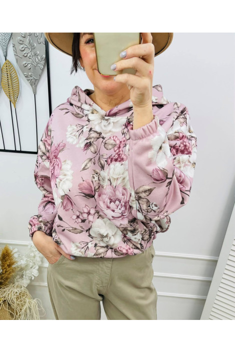 Bluza damska z kapturem oversize w kwiaty fioletowa