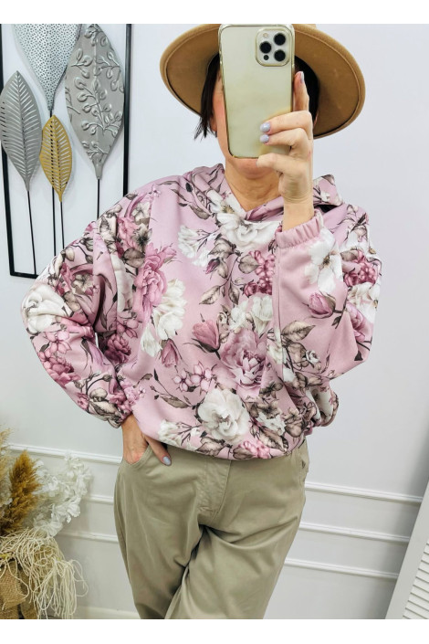 Bluza damska z kapturem oversize w kwiaty fioletowa