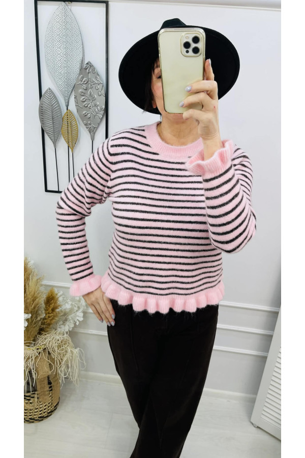 Sweter damski różowy w brązowe paski