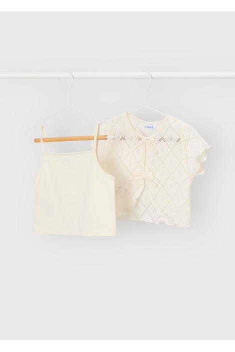 Koszulka t shirt dziewczęcy crochet 2w1 ażurkowa ecru MAYORAL