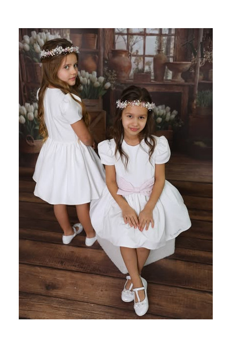 Elegancka Sukienka dziewczęca biała z różową kokardą w cyrkonie MałaMi