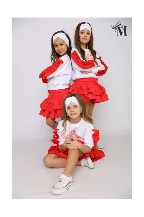 Komplet dla dziewczynki 2w1 bluza biała i czerwona spódnica MałaMi
