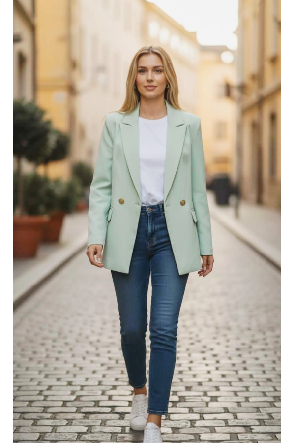 Elegancka Marynarka damska oversize złote guziki mięta MASSIMO