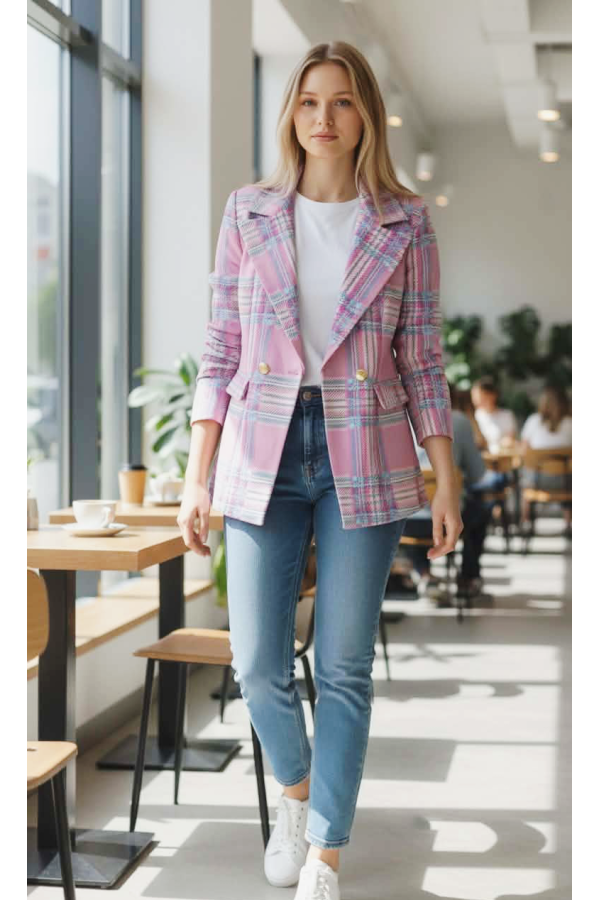 Elegancka Marynarka damska oversize złote guziki krata różowa MASSIMO