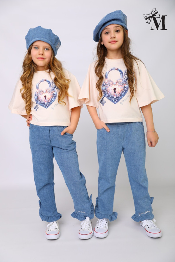 T shirt Bluzka dziewczęca MałaMi bawełniana cyrkonie oversize SERCE beżowa