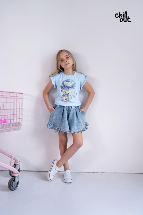 T shirt Bluzka dziewczęca CHILL OUT bawełniana w cyrkonie falbanki MIŚ niebieski