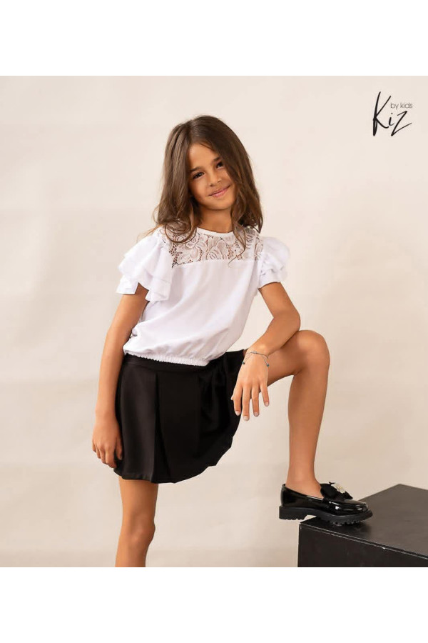 Elegancka Bluzka dziewczęca wstawka koronkowa biała KIZ